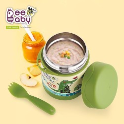 BEEBABY Steelios Double Vacuum Wall Insulated Food Jar Container with Spork (Spoon+Fork). Made of Food Grade Stainless Steel (SS304) for Toddlers, Babies. 100% BPA Free. 325 ML (Crocodile_Green)