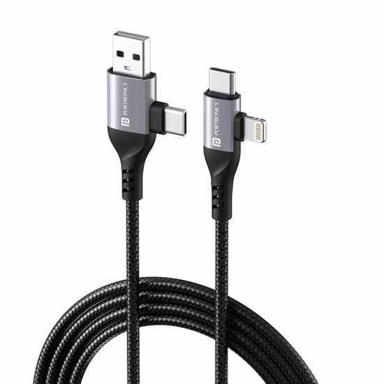 Portronics Konnect 4 IN 1 Unbreakable Nylon Braided Multi Functional Fast Charging Cable with Fast Data Transfer,Compatible with All Type C Android Smartphone & Lighting Device etc.(Black) Portronics Konnect 4 IN 1 Unbreakable Nylon Braided Multi Functional Fast Charging Cable with Fast Data Transfer,Compatible with All Type C Android Smartphone & Lighting Device etc.(Black)