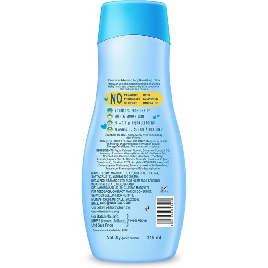 Parachute Advansed Baby Lotion for New Born Babies | Doctor Certified | Virgin Coconut Oil & Coconut Milk | Ph 5.5 | 24 Hour Moisturization | 410ml