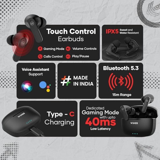 Wings Flobuds 400 Made In India High Fidelity Lifestyle Earbuds,Wireless Bluetooth 5.3,50 Hrs Playtime With 10 Hours Earbuds Playtime,Best Earbuds With Smart Enc,Low Latency 40Ms,Touch Controls-In Ear
