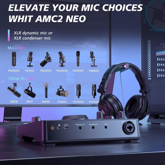 MAONO Audio Interface for Recording Studio, Audio Mixer with Noise Reduction, Pro-preamp, 48V Phantom Power, Special Effects, 8H Battery, Monitoring for Podcast Recording, Streaming, Singing-AMC2 NEO