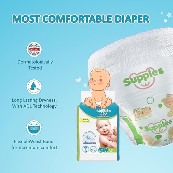 Amazon Brand - Supples Premium Baby Diaper Pants | 27 Baby Diapers | Large | 9-14 Kg | 12 Hrs Absorption | Cushiony Cotton Soft Fabric | Phthalates-Free | Triple Leak Guard