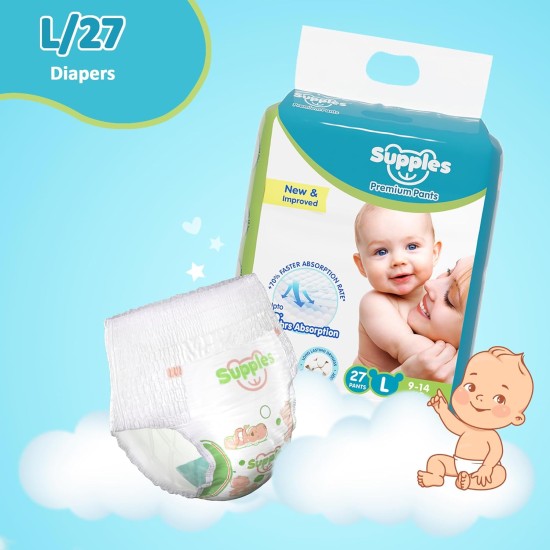 Amazon Brand - Supples Premium Baby Diaper Pants | 27 Baby Diapers | Large | 9-14 Kg | 12 Hrs Absorption | Cushiony Cotton Soft Fabric | Phthalates-Free | Triple Leak Guard