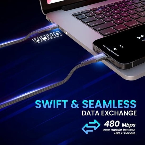 Portronics Konnect 240C 240W Futuristic Unbreakable Nylon Braided Type C Fast Charging Cable 1.2M Long, Supports Laptop and All C Smartphones and Devices (Black)