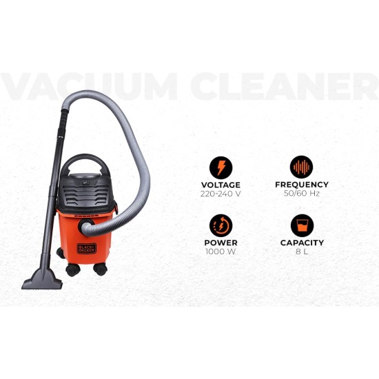 BLACK+DECKER BDWD08-B1 Wet and Dry Vacuum Cleaner with Cannister Body, 1000 W, Powerful Suction, 8L Capacity, 220V Vacuum Cleaner for Home Use, 1 Year Manufacturer Warranty(Red/Black)