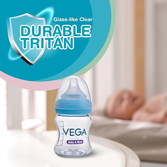 Vega Baby & Mom Tritan Feeding Bottle 150ml Wide Neck - Blue|Made of Durable Tritan| BPA/BPS Free | Shatter Proof | Suitable for 0+ Month Babies,(VBFB4-03)