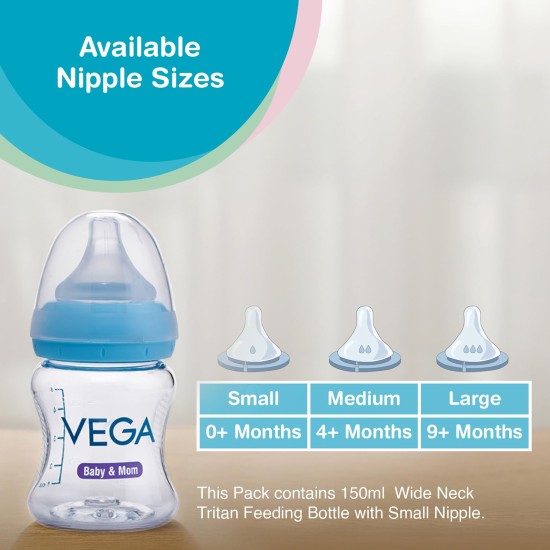 Vega Baby & Mom Tritan Feeding Bottle 150ml Wide Neck - Blue|Made of Durable Tritan| BPA/BPS Free | Shatter Proof | Suitable for 0+ Month Babies,(VBFB4-03)