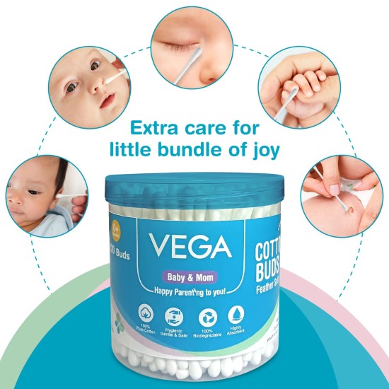 Vega Baby & Mom Cotton Buds (200 Buds, 400 Tips) (PP Can) | for Baby's Hygiene & Care | 100% Cotton |100% Care | Gently Clean Baby Skin | Convenient Pack Sizes, (VBHA3-04)
