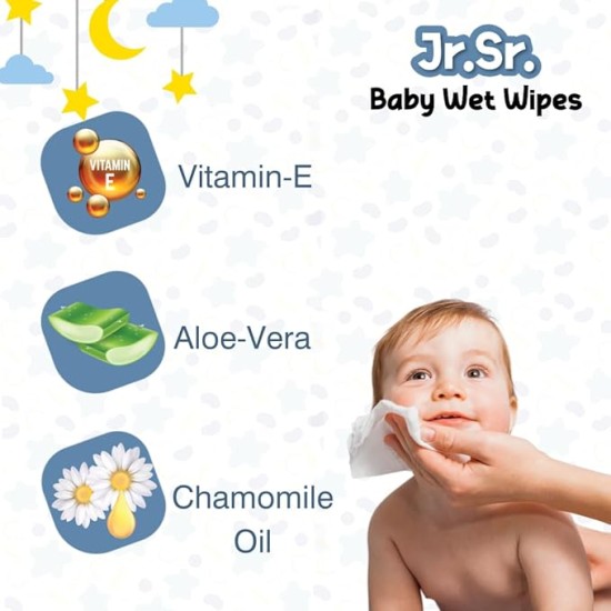 Jr. Sr. Baby Wipes with Aloe Vera, Vitamin E & Chamomile Oil | Pack of 3 | 240 Sheets Jr. Sr. Baby Wipes with Aloe Vera, Vitamin E & Chamomile Oil | Pack of 3 | 240 Sheets