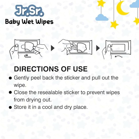 Jr. Sr. Baby Wipes with Aloe Vera, Vitamin E & Chamomile Oil | Pack of 3 | 240 Sheets Jr. Sr. Baby Wipes with Aloe Vera, Vitamin E & Chamomile Oil | Pack of 3 | 240 Sheets