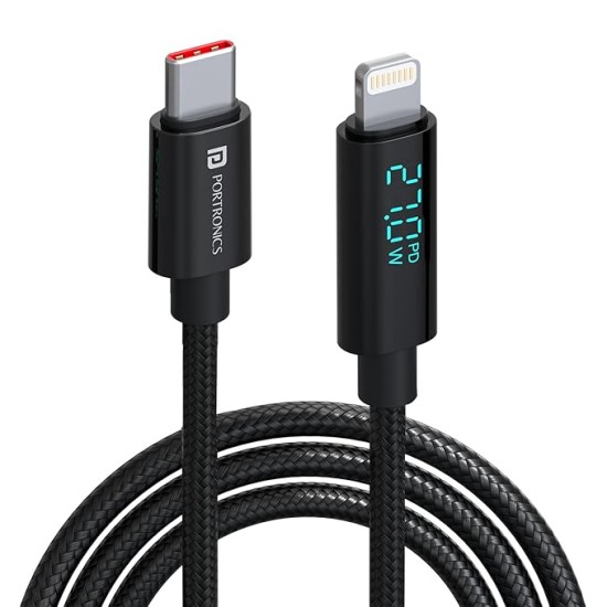 Portronics Konnect View 3A 27W Futuristic Type C to 8 Pin Unbreakable Nylon Braided Fast Charging Cable with Real Time Monitoring Led Display, Fast Data Sync, Support all Lighting Devices 1.2M Length