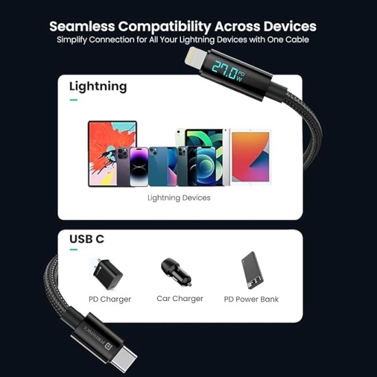 Portronics Konnect View 3A 27W Futuristic Type C to 8 Pin Unbreakable Nylon Braided Fast Charging Cable with Real Time Monitoring Led Display, Fast Data Sync, Support all Lighting Devices 1.2M Length