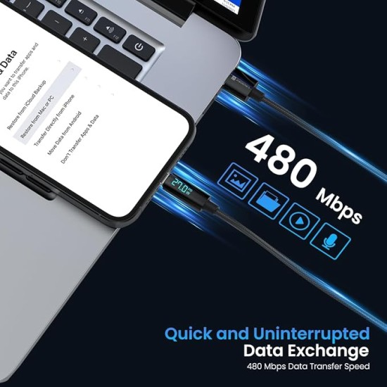 Portronics Konnect View 3A 27W Futuristic Type C to 8 Pin Unbreakable Nylon Braided Fast Charging Cable with Real Time Monitoring Led Display, Fast Data Sync, Support all Lighting Devices 1.2M Length