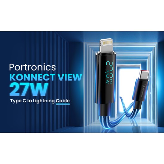 Portronics Konnect View 3A 27W Futuristic Type C to 8 Pin Unbreakable Nylon Braided Fast Charging Cable with Real Time Monitoring Led Display, Fast Data Sync, Support all Lighting Devices 1.2M Length