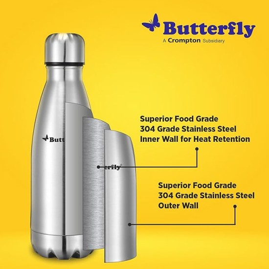 Butterfly Aura Stainless Steel Vacuum Flask | 350 ML | 24 Hours Hot & Cold | Rust Free | Wide Mouth | Lightweight | Leak Proof | Indoor, Outdoor Use | Thermo Flask | Silver