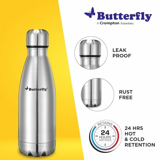 Butterfly Aura Stainless Steel Vacuum Flask | 350 ML | 24 Hours Hot & Cold | Rust Free | Wide Mouth | Lightweight | Leak Proof | Indoor, Outdoor Use | Thermo Flask | Silver