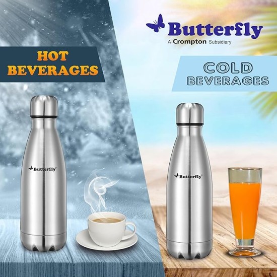 Butterfly Aura Stainless Steel Vacuum Flask | 350 ML | 24 Hours Hot & Cold | Rust Free | Wide Mouth | Lightweight | Leak Proof | Indoor, Outdoor Use | Thermo Flask | Silver