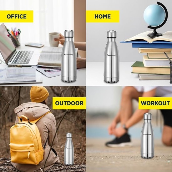 Butterfly Aura Stainless Steel Vacuum Flask | 350 ML | 24 Hours Hot & Cold | Rust Free | Wide Mouth | Lightweight | Leak Proof | Indoor, Outdoor Use | Thermo Flask | Silver