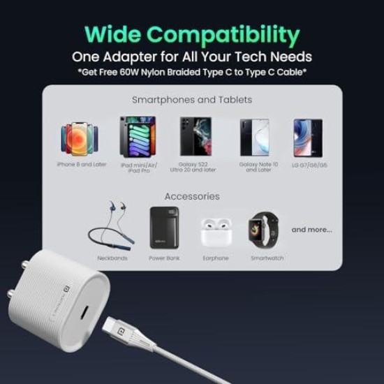 Portronics Adapto 33G 33W GaN Type C PD Port Fast Wall Charger Comes with 60W Nylon Braided Type C to Type C Fast Charging Cable, Compatible with iPhone 8 and Above, iPad, Tablet(White) Portronics Adapto 33G 33W GaN Type C PD Port Fast Wall Charger Comes with 60W Nylon Braided Type C to Type C Fast Charging Cable, Compatible with iPhone 8 and Above, iPad, Tablet(White)