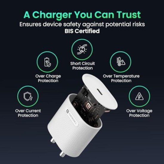 Portronics Adapto 33G 33W GaN Type C PD Port Fast Wall Charger Comes with 60W Nylon Braided Type C to Type C Fast Charging Cable, Compatible with iPhone 8 and Above, iPad, Tablet(White) Portronics Adapto 33G 33W GaN Type C PD Port Fast Wall Charger Comes with 60W Nylon Braided Type C to Type C Fast Charging Cable, Compatible with iPhone 8 and Above, iPad, Tablet(White)