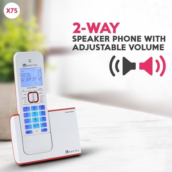 Beetel X75 2.4Ghz Cordless Landline Phone,Dual Mode DTMF/FSK,1 Line 7segment LCD Display & Blue LED Backlit,Illuminated Keypad,2 Way Speaker Phone,6 Step Ringer Volume Control(Red/White)(X75)