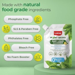 Luvlap Plant Based Liquid Cleanser, Refill pack- 1000ml, With Neem, Lemon & Basil, For Feeding Accessories, Toys, Fruits & Vegetables, 100% Food Grade, Free From Bleach & SLS