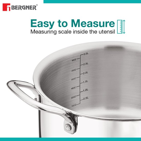 Bergner TriPro TriPly Stainless Steel 7 Pcs Cookware Set - 20cm Deep Kadai (1.5 L), 20cm Sautepan (1.2 L), 16cm Saucepan (1.7 L), 20cm Casserole (3 L), 3 Stainless Steel Lids, Induction Bottom, Silver
