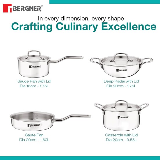 Bergner TriPro TriPly Stainless Steel 7 Pcs Cookware Set - 20cm Deep Kadai (1.5 L), 20cm Sautepan (1.2 L), 16cm Saucepan (1.7 L), 20cm Casserole (3 L), 3 Stainless Steel Lids, Induction Bottom, Silver