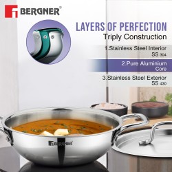 Bergner TriPro TriPly Stainless Steel 7 Pcs Cookware Set - 20cm Deep Kadai (1.5 L), 20cm Sautepan (1.2 L), 16cm Saucepan (1.7 L), 20cm Casserole (3 L), 3 Stainless Steel Lids, Induction Bottom, Silver
