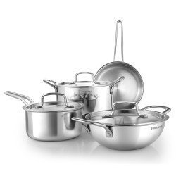 Bergner TriPro TriPly Stainless Steel 7 Pcs Cookware Set - 20cm Deep Kadai (1.5 L), 20cm Sautepan (1.2 L), 16cm Saucepan (1.7 L), 20cm Casserole (3 L), 3 Stainless Steel Lids, Induction Bottom, Silver
