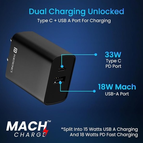 Portronics Adapto 70 33W Fast Charger Adapter with Dual Output (USB + Type C) Supports PPS Charging Via Type C Port, 27W Dash, Warp 27W, Dart, Super Dart 27W(Black)