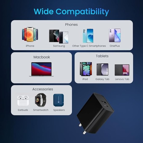 Portronics Adapto 70 33W Fast Charger Adapter with Dual Output (USB + Type C) Supports PPS Charging Via Type C Port, 27W Dash, Warp 27W, Dart, Super Dart 27W(Black)