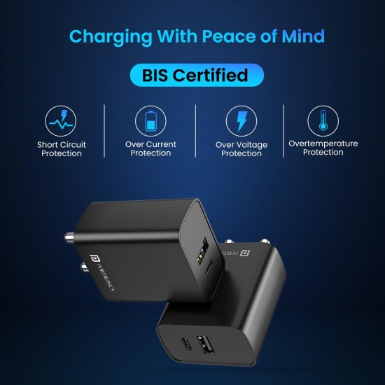 Portronics Adapto 70 33W Fast Charger Adapter with Dual Output (USB + Type C) Supports PPS Charging Via Type C Port, 27W Dash, Warp 27W, Dart, Super Dart 27W(Black)