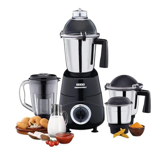 USHA Thunderbolt Pro 1000 Watt with 4 Jars, 100% Copper Ball-Bearing Motor, Handsfree operation, 4 Jars, Fruit Filter, 3-Speed Setting with Inching option, 5 Years Warranty on Motor (Black)