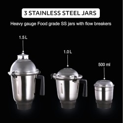 USHA Thunderbolt Pro 1000 Watt with 4 Jars, 100% Copper Ball-Bearing Motor, Handsfree operation, 4 Jars, Fruit Filter, 3-Speed Setting with Inching option, 5 Years Warranty on Motor (Black)