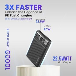 Portronics Luxcell Mini 10K Advanced 10000 mAh Nano Power Bank with 22.5W Max Output, LED Indicator, Mach USB-A Output, Type C PD Output, Type C Input, Wake Up Button(Black) Portronics Luxcell Mini 10K Advanced 10000 mAh Nano Power Bank with 22.5W Max Output, LED Indicator, Mach USB-A Output, Type C PD Output, Type C Input, Wake Up Button(Black)