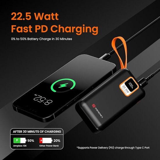 Portronics Ampbox 10K 10000 mAh Nano Power Bank with 22.5W Fast Charging, Digital Display, Dual Output(Type C PD + USB), Type C Input, Wake Up Button(Black)