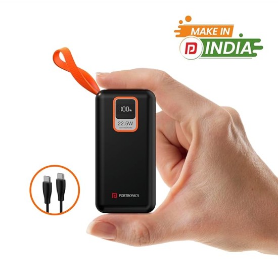 Portronics Ampbox 10K 10000 mAh Nano Power Bank with 22.5W Fast Charging, Digital Display, Dual Output(Type C PD + USB), Type C Input, Wake Up Button(Black)