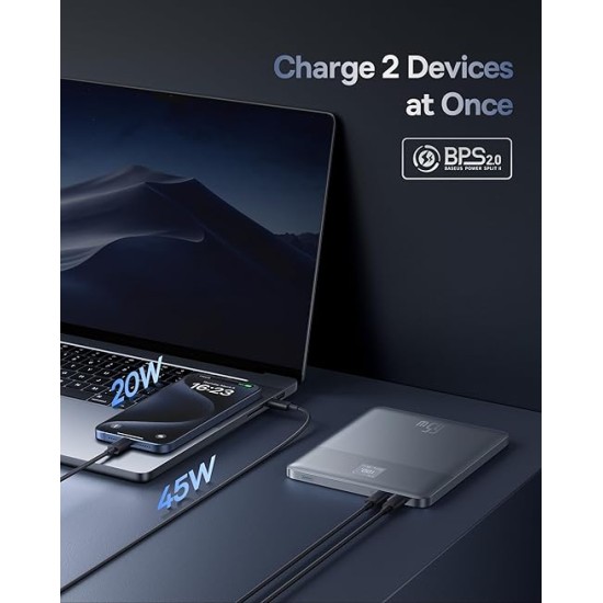 Baseus Blade2 12000mAh 65W Fast-Charging Power Bank – Ultra Slim with Digital Display, Dual Type-C PD Output – Horizon Silver (with 100W Type-C Cable)