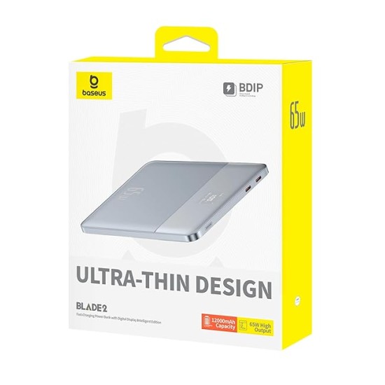 Baseus Blade2 12000mAh 65W Fast-Charging Power Bank – Ultra Slim with Digital Display, Dual Type-C PD Output – Horizon Silver (with 100W Type-C Cable)