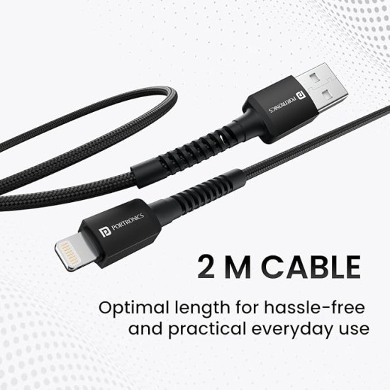 Portronics Konnect X USB to 8 Pin/Lightning Fast Charging Cable with 3A Output,Data Sync,Nylon Braided, Aluminium Alloy Shell, Compatible With iPhone 14,13,12,11, X, 8 Pro/Pro Max Series, iPad (Black)