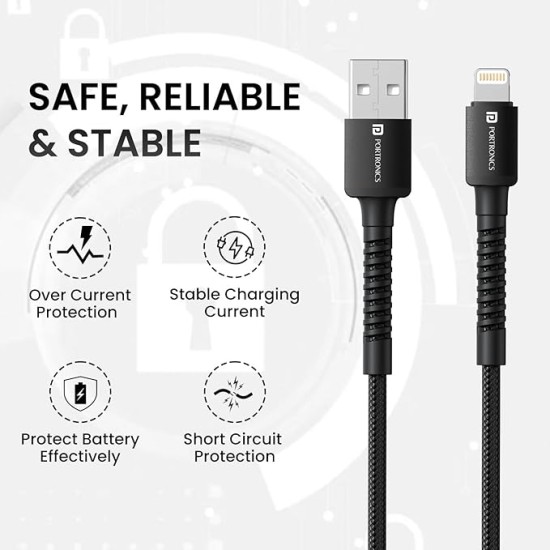 Portronics Konnect X USB to 8 Pin/Lightning Fast Charging Cable with 3A Output,Data Sync,Nylon Braided, Aluminium Alloy Shell, Compatible With iPhone 14,13,12,11, X, 8 Pro/Pro Max Series, iPad (Black)
