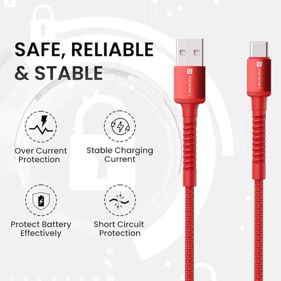 Portronics Konnect X 60W 6A USB-A to Type C Fast Charging Cable With WARP/DASH/VOOC/SuperVOOC/FLASH Charging Support, Compatible with OnePlus, Oppo, iPhone 15 & other Type C Smartphone & Devices(Red)
