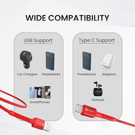 Portronics Konnect X 60W 6A USB-A to Type C Fast Charging Cable With WARP/DASH/VOOC/SuperVOOC/FLASH Charging Support, Compatible with OnePlus, Oppo, iPhone 15 & other Type C Smartphone & Devices(Red)