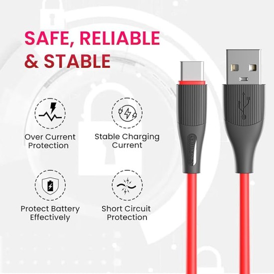 Portronics Silklink 3A USB to Type C Fast charging Cable for Type C Smartphone and Devices,Premium Silicon Cable, 1M (Red)