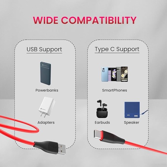 Portronics Silklink 3A USB to Type C Fast charging Cable for Type C Smartphone and Devices,Premium Silicon Cable, 1M (Red)
