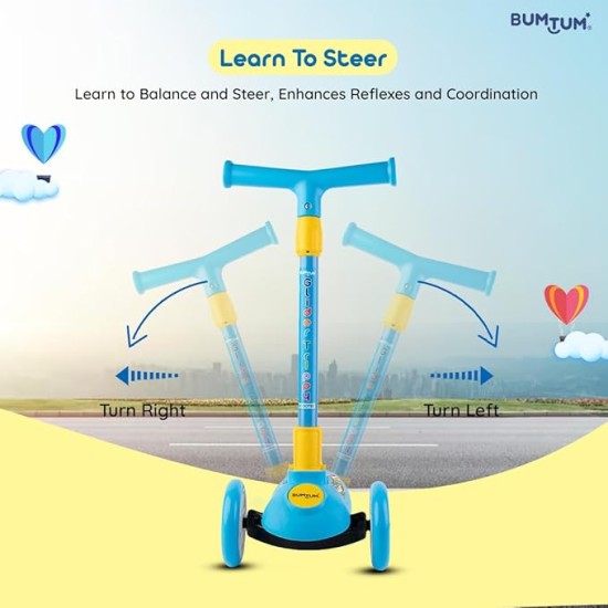 BUMTUM Smart Kick Scooter for Kids | 3 Adjustable Height Scooter, Foldable & Attractive PVC Wheels with Rare Brakes for Boys & Girls Age 5 Years (Blue)