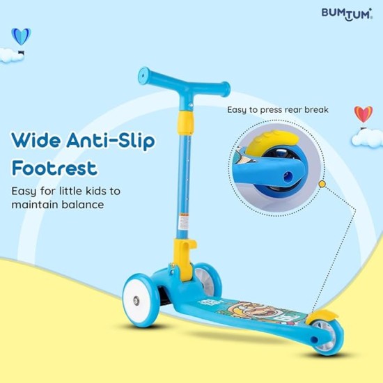 BUMTUM Smart Kick Scooter for Kids | 3 Adjustable Height Scooter, Foldable & Attractive PVC Wheels with Rare Brakes for Boys & Girls Age 5 Years (Blue)