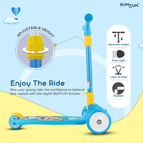 BUMTUM Smart Kick Scooter for Kids | 3 Adjustable Height Scooter, Foldable & Attractive PVC Wheels with Rare Brakes for Boys & Girls Age 5 Years (Blue)