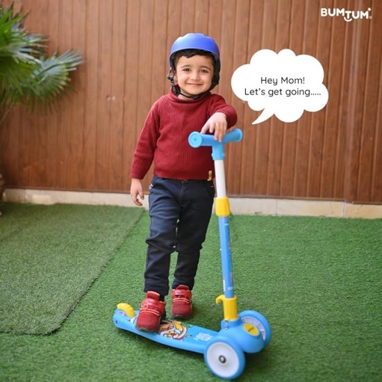 BUMTUM Smart Kick Scooter for Kids | 3 Adjustable Height Scooter, Foldable & Attractive PVC Wheels with Rare Brakes for Boys & Girls Age 5 Years (Blue)